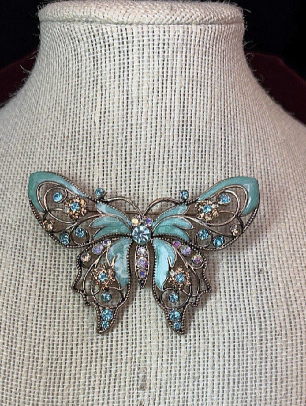 Vintage Avon Butterfly Brooch in Mint and Aqua Rhinestones